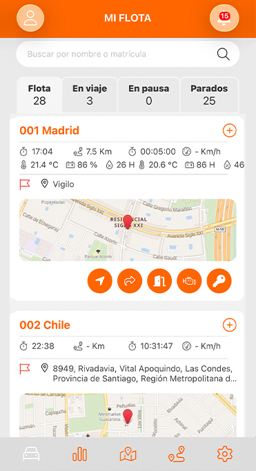 App Vigilo: listado Mi flota con vehículos en viaje, en pausa y parados